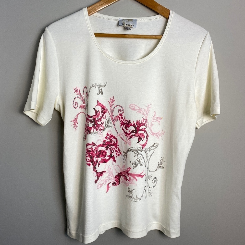Setterlaine Women's Cream Short Sleeve Bejewelled Accent‎ Floral Print Shirt 10